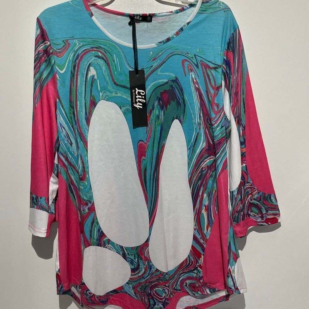 Lily by Firmiana Women's Blue Pink Abstract Print Tunic Top Blouse Size XL NWT